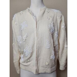 VTG 1950s Hand Beaded Lined Lambs Wool Angora Cardigan Sweater Cream Iridescent